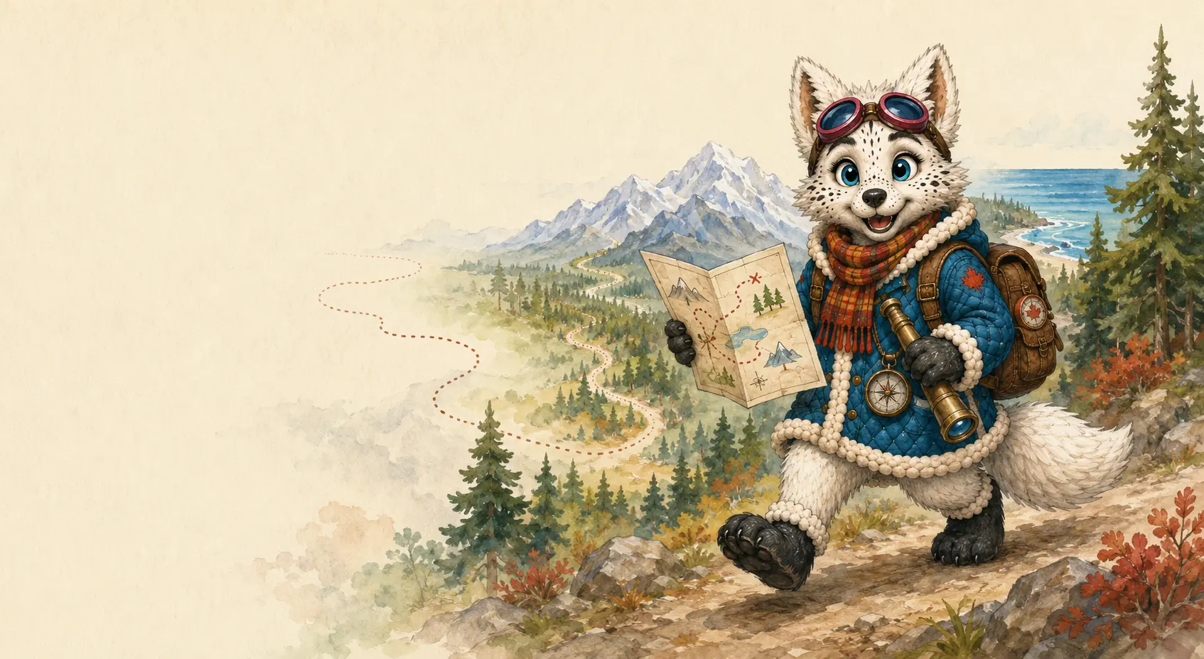 Lumi the arctic fox navigating a Canadian trail with a map