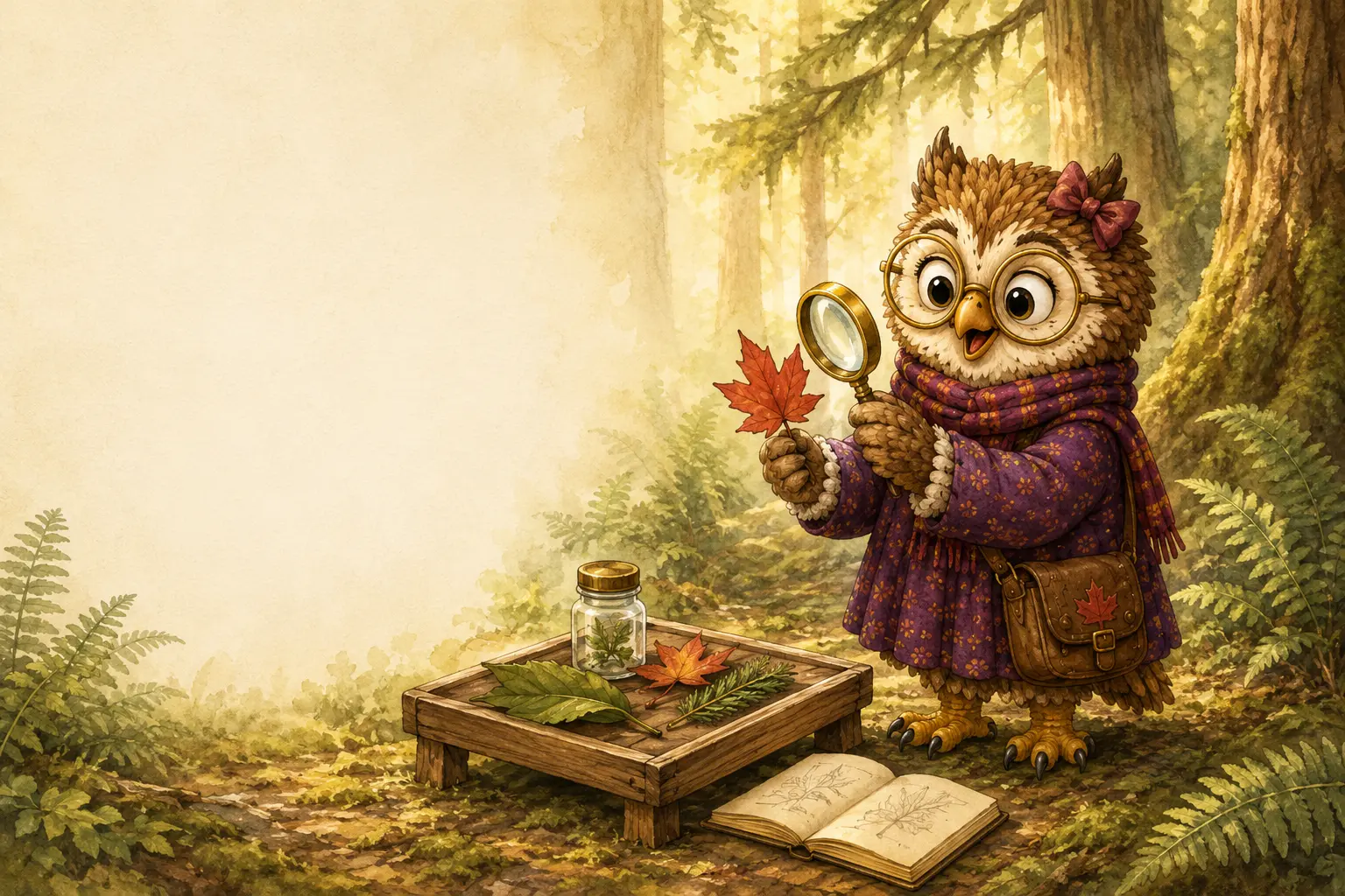 Hazel the owl examining a leaf with a magnifying glass