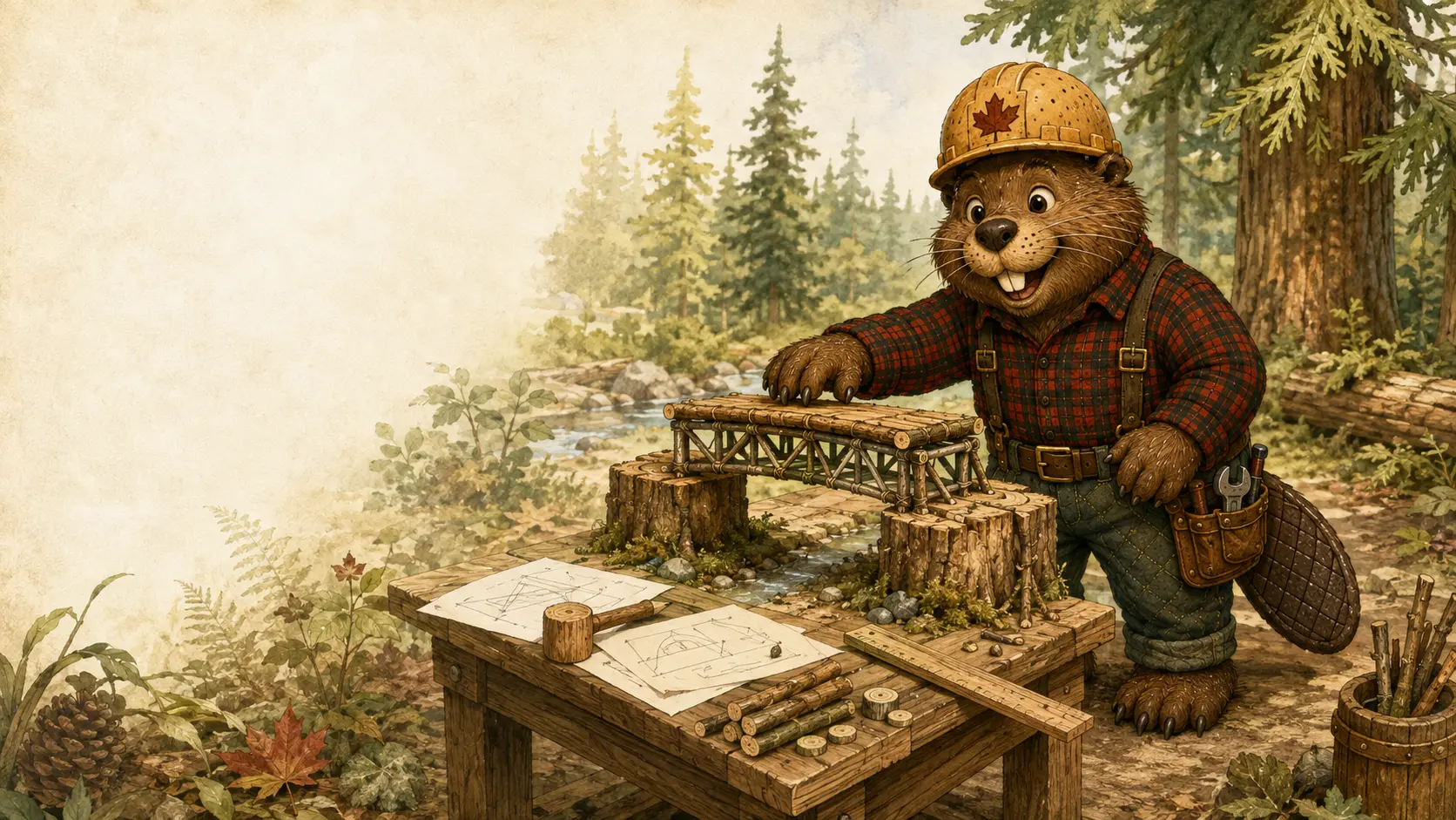 Barrett the beaver testing a miniature log bridge